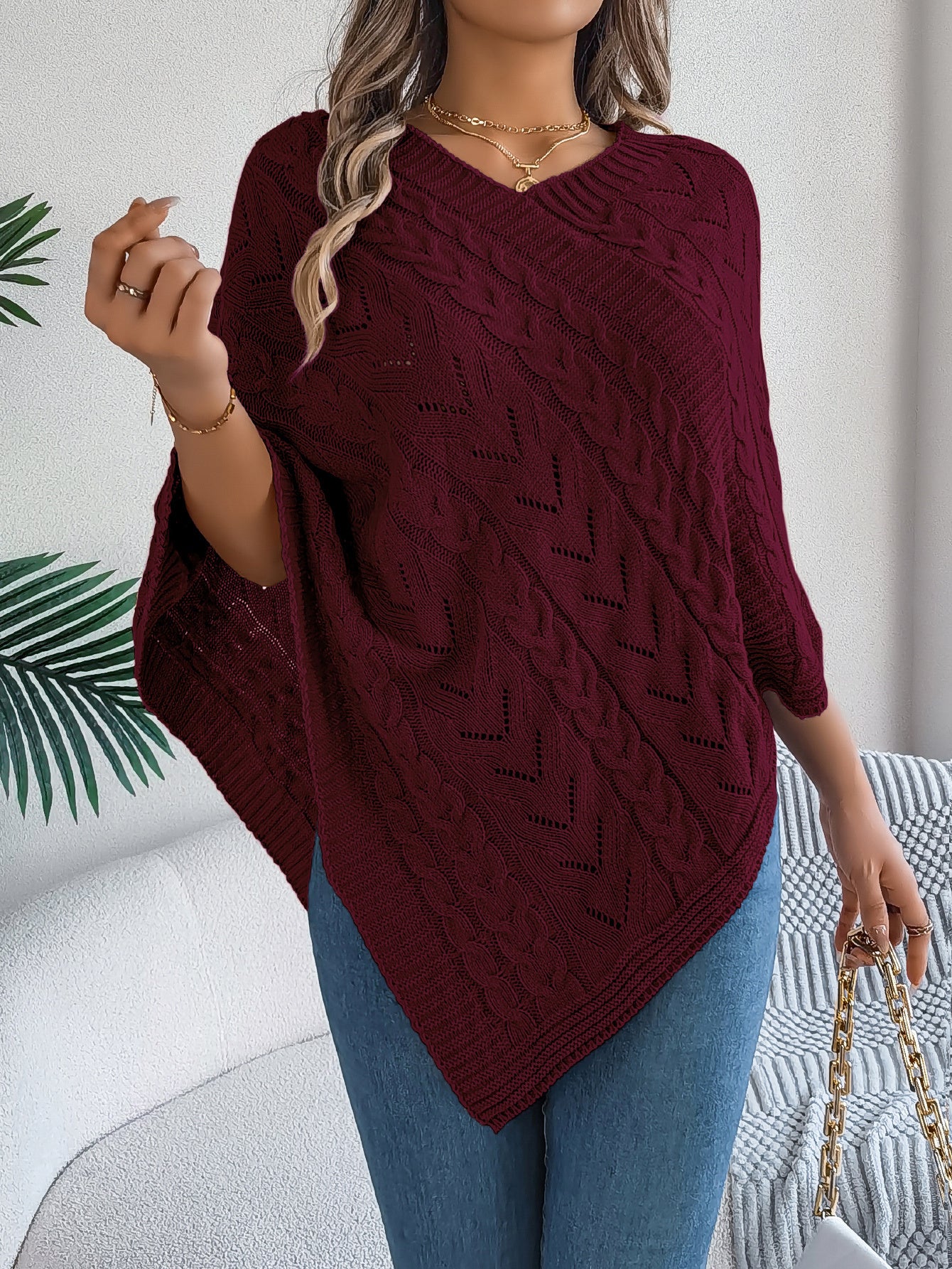 Casual Solid Color Cable Knit Loose Poncho Sweater Coat