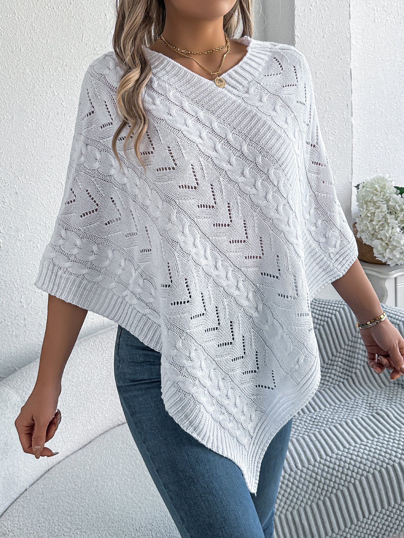 Casual Solid Color Cable Knit Loose Poncho Sweater Coat