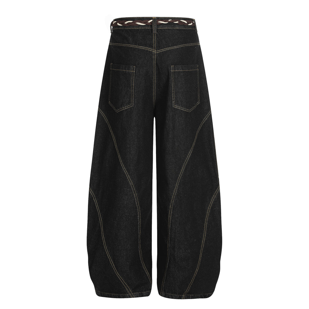 Retro Patchwork Waist Chain Washed Machete Jeans For Men And Women