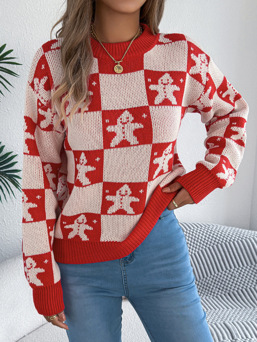 Snowflake Plaid Lantern Sleeve Pullover Sweater