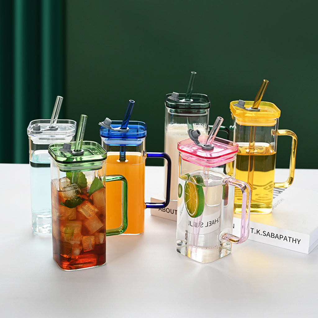 6 Pcs Glass Straw Cup, 6 Colors Square Glass Cup With Straw And Lid, High Borosilicate Glass Cup, Milk Cup, Juice Cup, Cold Drink Cup, Coffee Cup, Tea Cup, Office Cup, Gift Cup