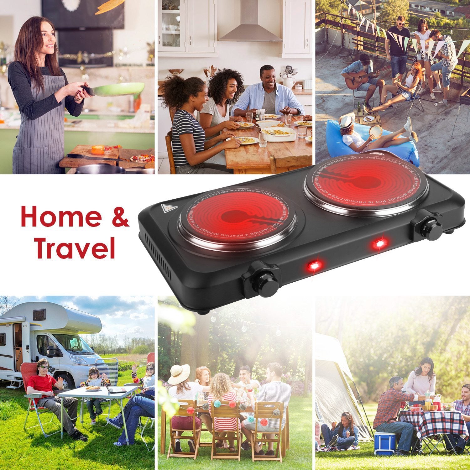 1Pc 2000W Electric Infrared Dual Burner Portable Heating Hot Plate Stove Countertop RV Hotplate With Glass Cooktop Stepless Temperature Adjustments For Home RV Camp