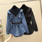 Women's Fashion Waist-Cinching Fake Two-Piece Long Sleeve Denim Jacket