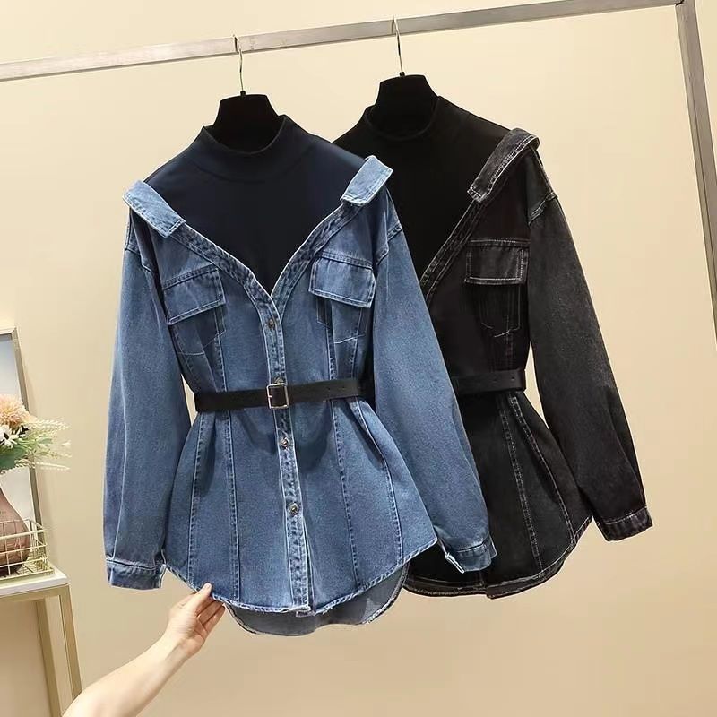 Women's Fashion Waist-Cinching Fake Two-Piece Long Sleeve Denim Jacket