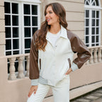 Color-blocked Spliced PU Leather Women's Motorcycle Jacket Baseball Coat
