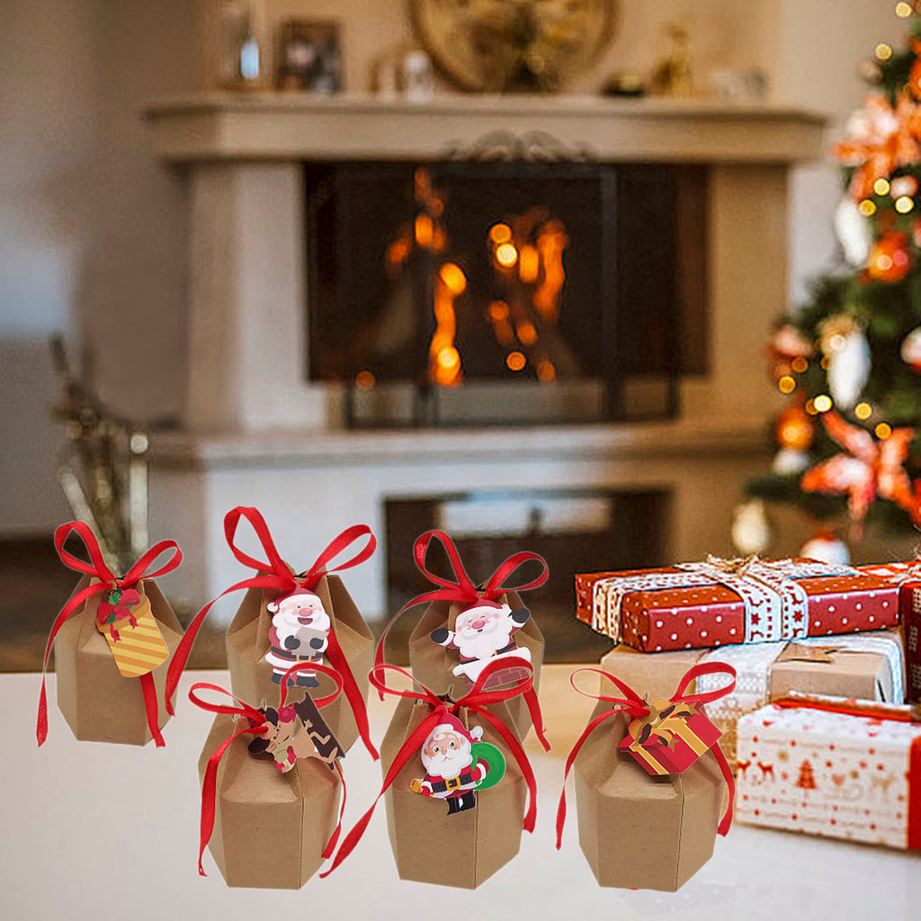 24 Pcs Christmas Treat Boxes With Cards And Ribbon Xmas Tree Santa Kraft Paper Cookies Candy Boxes Food Packaging Containers Gift Wrapping Box For Christmas Birthday Wedding Party Decoration - The Premium