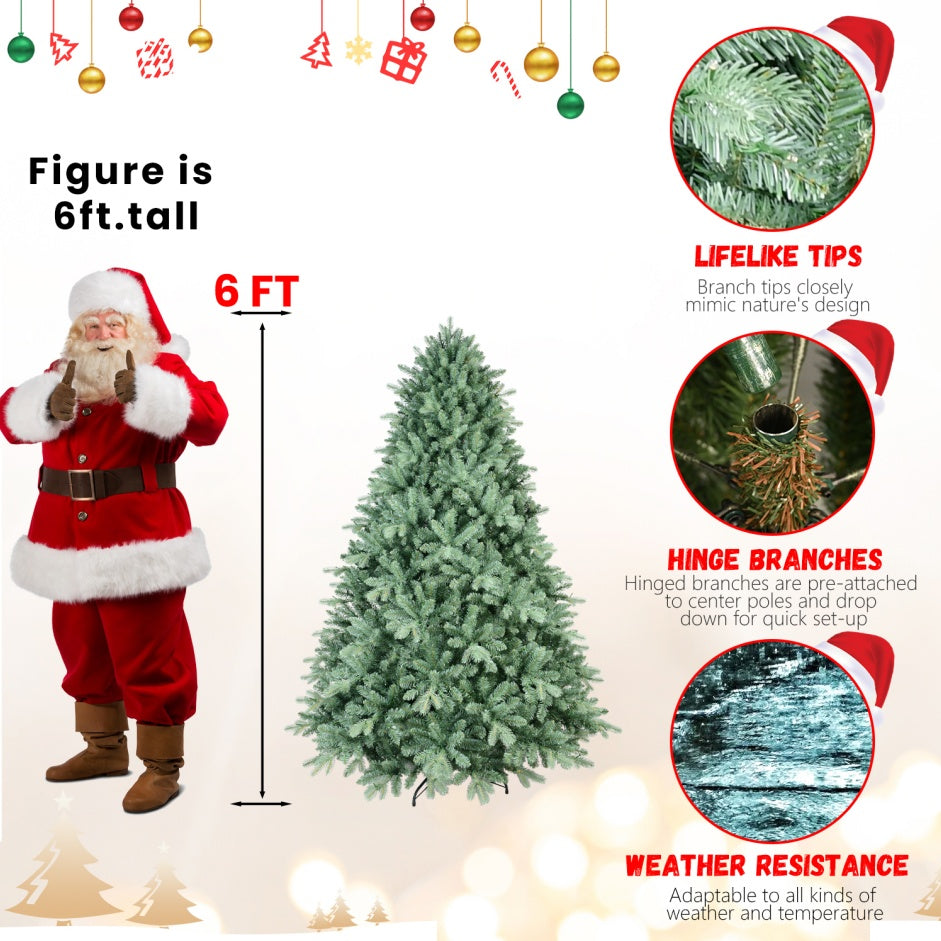 6FT Blue-Green Tint Christmas Tree With 1878 PE PVC Tips Unique Full-Bodied Tree With Hinged Branches, Easy Assembly, Stable Metal Stand, Eye-Catching Holiday Decor