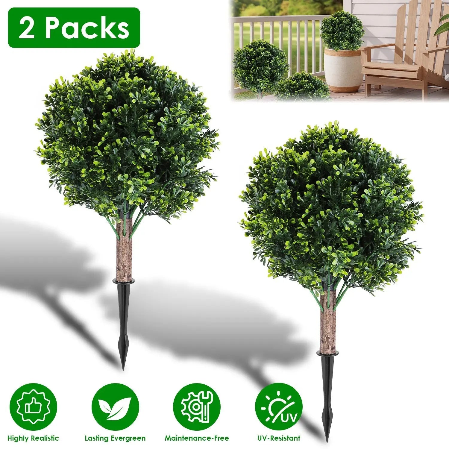 2 Packs Faux Boxwood Ball Trees Artificial Peanut Topiary Tree UV Resistant Artificial Shrubs Fake Plants Evergreen Artificial Bush With Ground Spike For Indoor Outdoor Front Porch Garden - The Premium