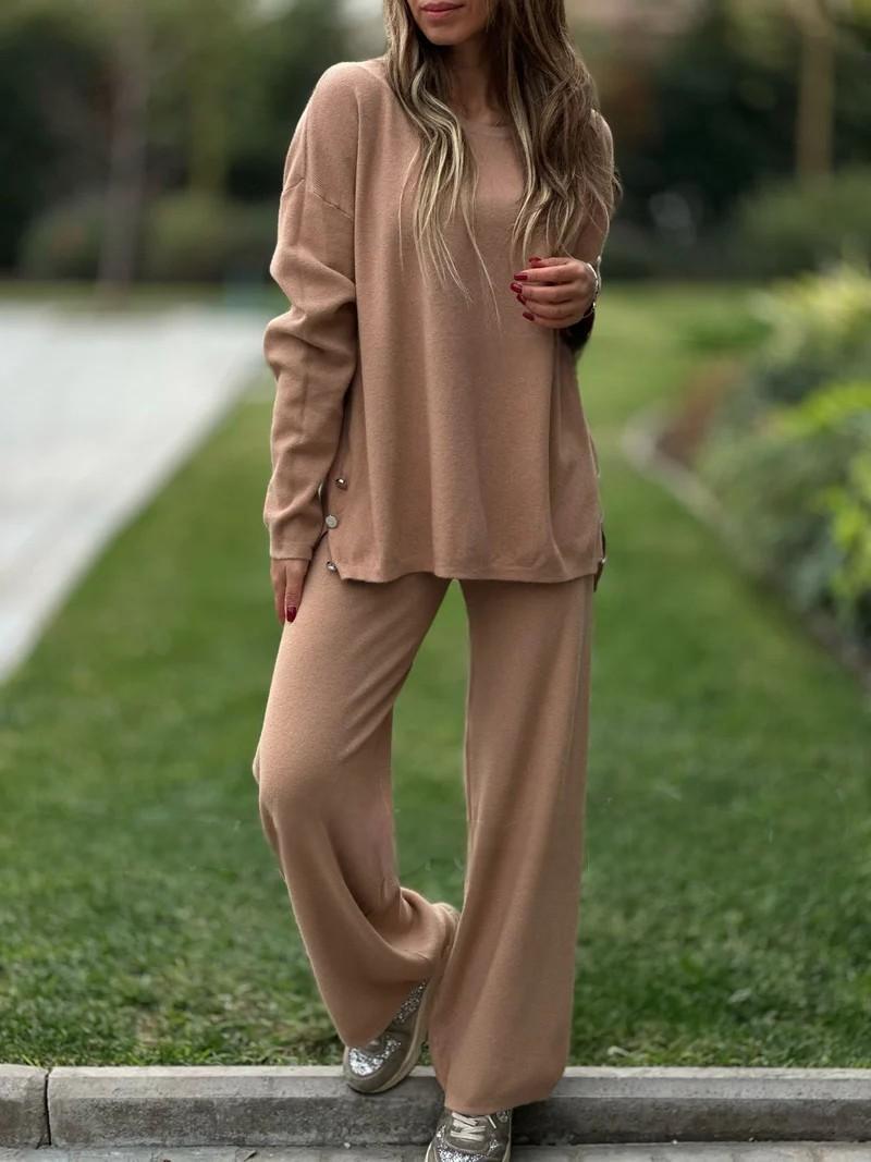 Solid Color Split Casual Wide-leg Pants Round Neck Long Sleeve