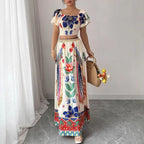 Printed Casual Vacation Bohemian Short-sleeved Top And Long Skirt Ladies Set