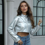 Women's Fashion Metallic Stand-collar Zipper Jacket