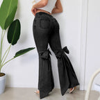 European And American Retro Three-dimensional Bow Slim-fit Mid-stretch Mop Horn Denim Trousers