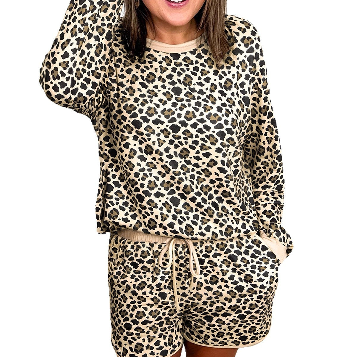 Women's Leopard Print Casual Drawstring Two-piece Set