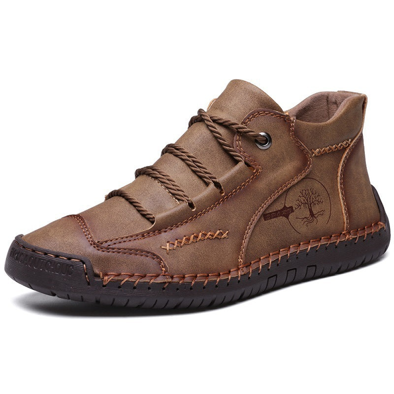 Men's Autumn Sewing High-top Leather Flat Outdoor Work Clothes Casual Shoes