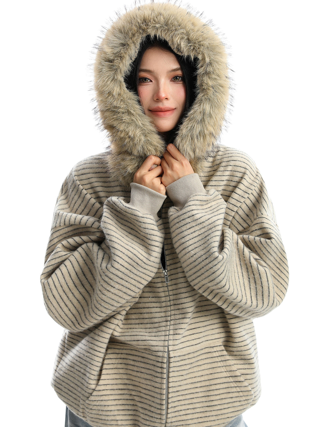 American Striped Detachable Big Fur Collar Hooded Sweater