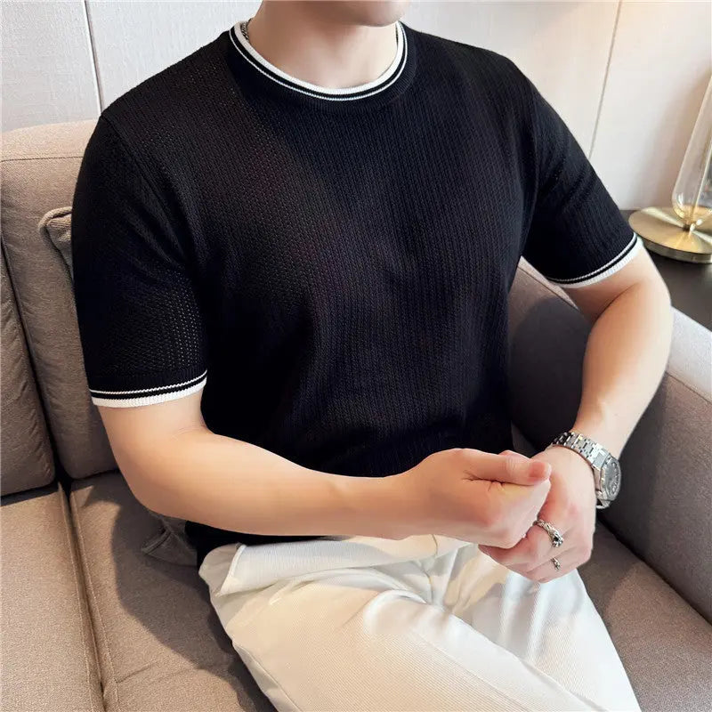Men's Round Neck Contrast Color Stretch Knitted T-shirt - The Premium
