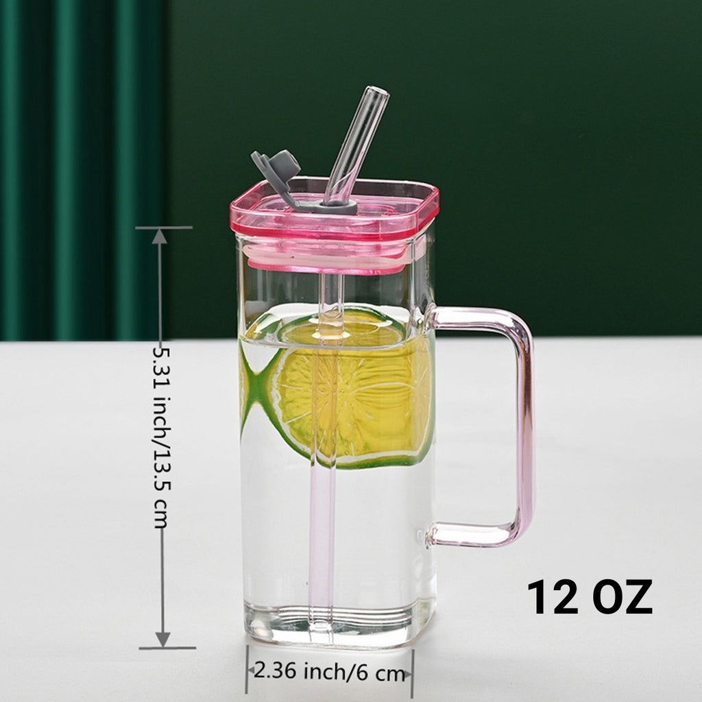 6 Pcs Glass Straw Cup, 6 Colors Square Glass Cup With Straw And Lid, High Borosilicate Glass Cup, Milk Cup, Juice Cup, Cold Drink Cup, Coffee Cup, Tea Cup, Office Cup, Gift Cup