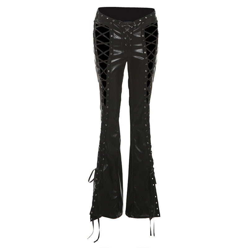 Slim Fit Hollow Lace Up PU Leather Pants Slim Fit Hollow Out Tied PU Leather Pants Women