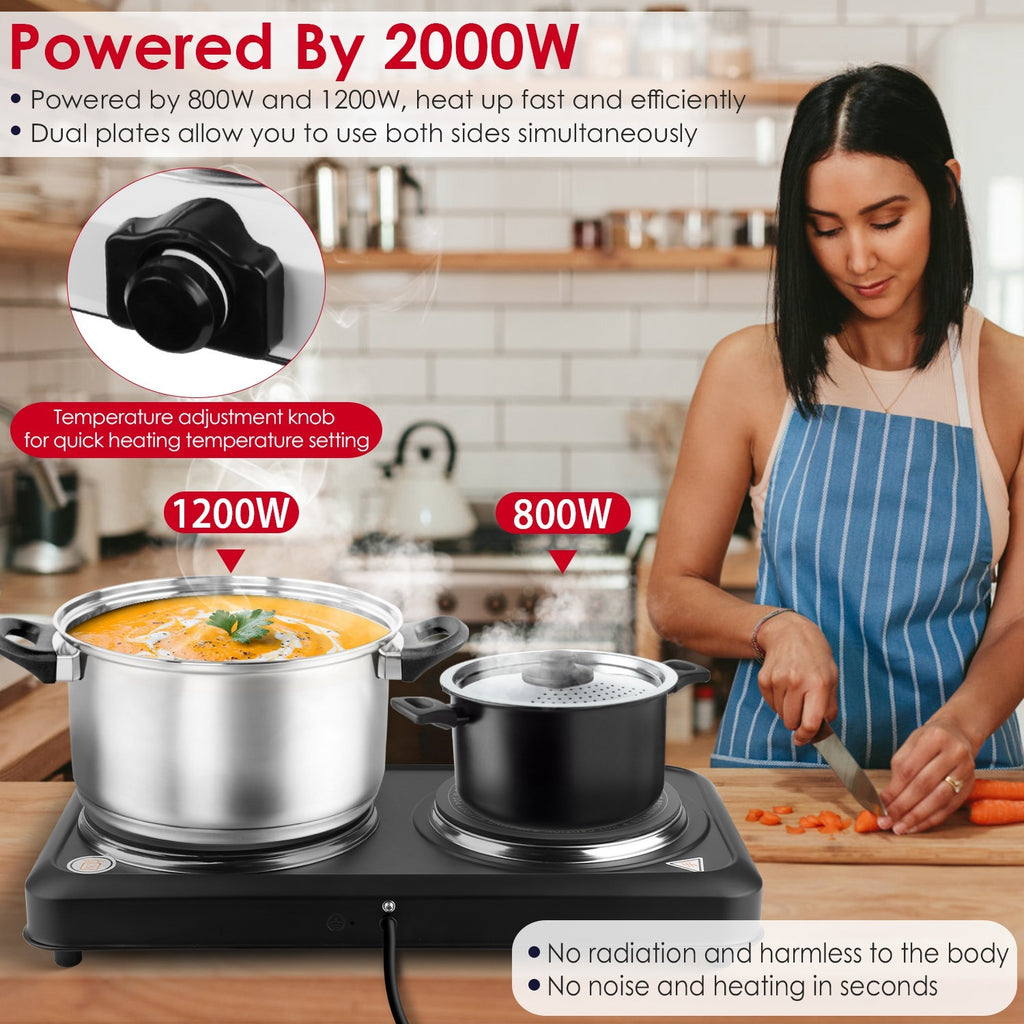 1Pc 2000W Electric Infrared Dual Burner Portable Heating Hot Plate Stove Countertop RV Hotplate With Glass Cooktop Stepless Temperature Adjustments For Home RV Camp