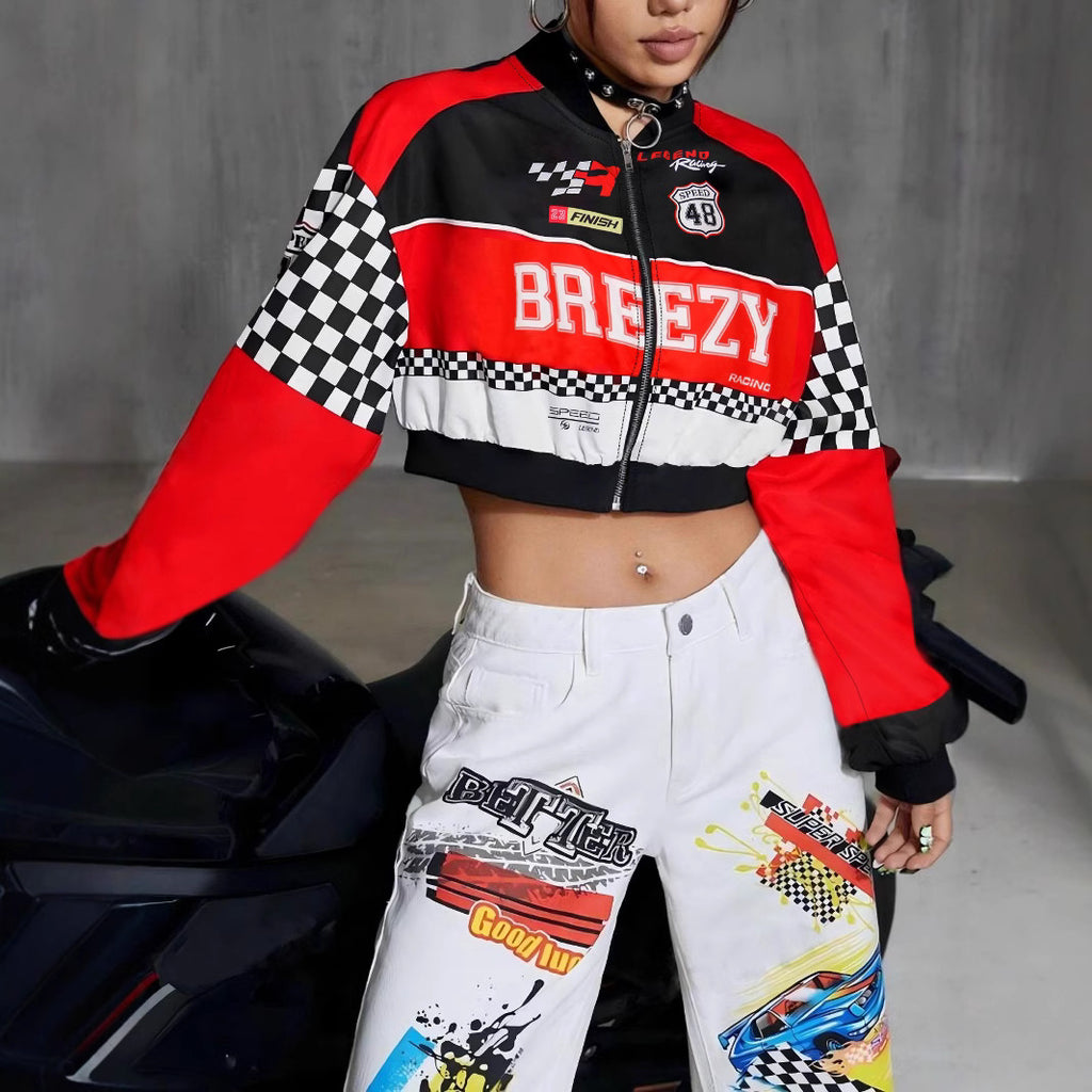 Women's Loose Fashion Short Letters Casual Zipper Jacket Coat