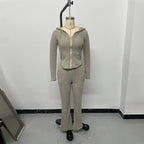 Women's Solid Color 2-Piece Set Hooded Belted Jacket With Pockets & Flare Leg Pant Suit For Spring And Fall