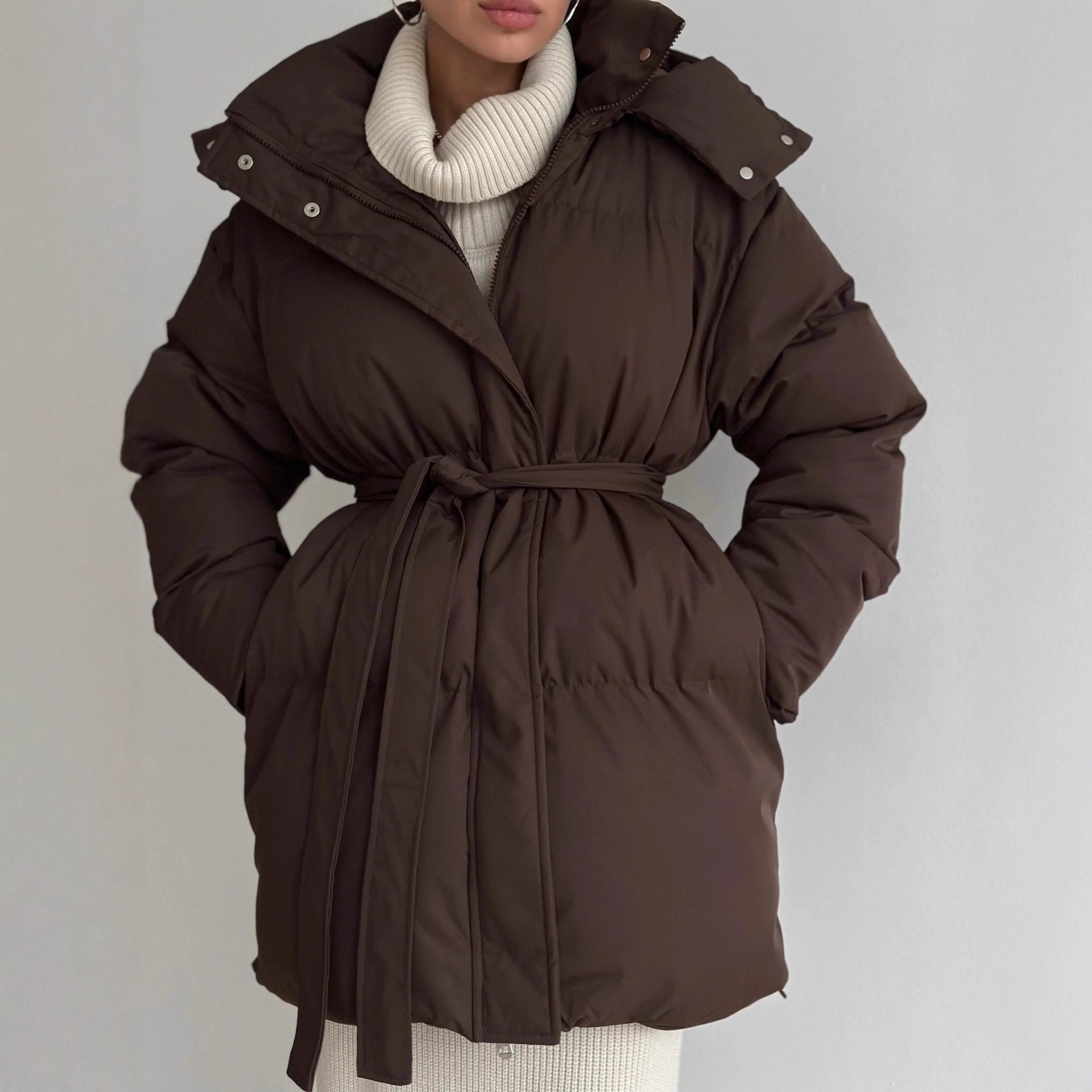 Casual Waist Tight Skinny Slimming Hooded Mid-length Bread Cotton-padded Jacket
