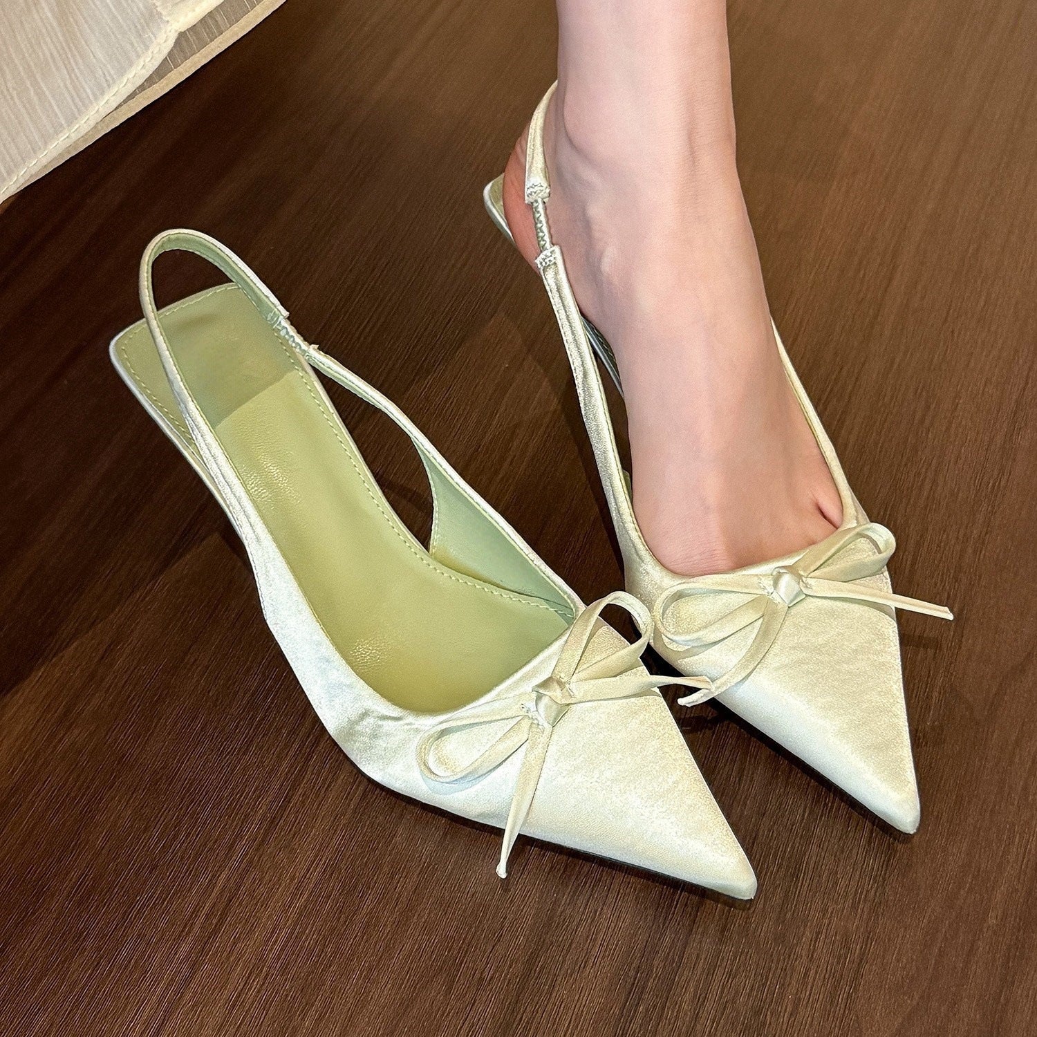 Satin Pointed-toe Bowknot High Heels Women's Spring Shallow Mouth Slingback Sandals