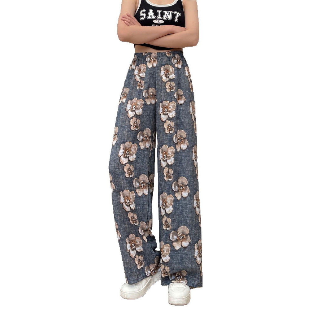 Women's Thin Casual High-waisted Loose Retro Printed Denim Straight-leg Pants