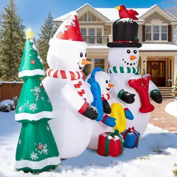8FT Lighted Christmas Inflatable Decoration, Inflatable Snowman Family With JOY And Xmas Tree, Funny Blow Up Yard Decorations With Built-in LED Lights For Holiday Party Front Yard Lawn Garden Decor - The Premium
