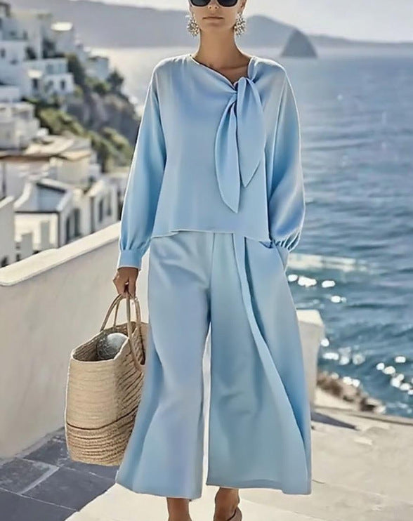 Women's Casual Solid Color Long Sleeve Top And Pants Two-Piece Set