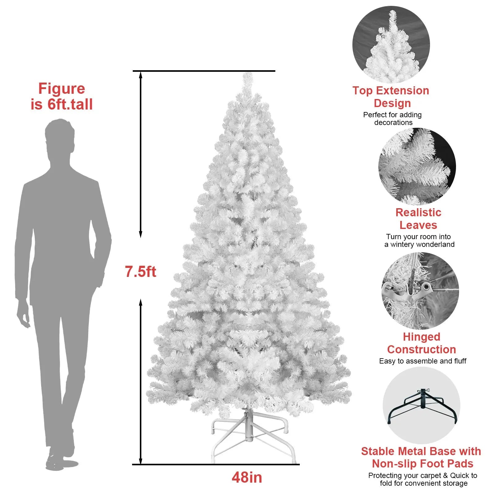 4-foot White Christmas Tree With Memory Wire, 328 Hinged PVC Branch Tips, Easy-to-assemble Festive Christmas Tree, Suitable For Indoor Decoration. Decorations Not Included. - The Premium