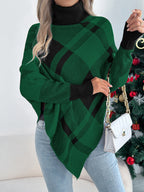 Casual Color Block Plaid High Neck Long Sleeve Poncho Sweater