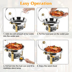 4Pcs Chafing Dish Buffet Set 4.76QT Round Buffet Servers Food Warmer Stainless Steel Catering Chafer With Glass Lid For Warming Cooling Gatherings Banquets Buffets Party Wedding