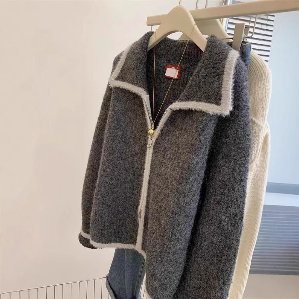 Gray Raccoon Fur Collar Coat Sweater