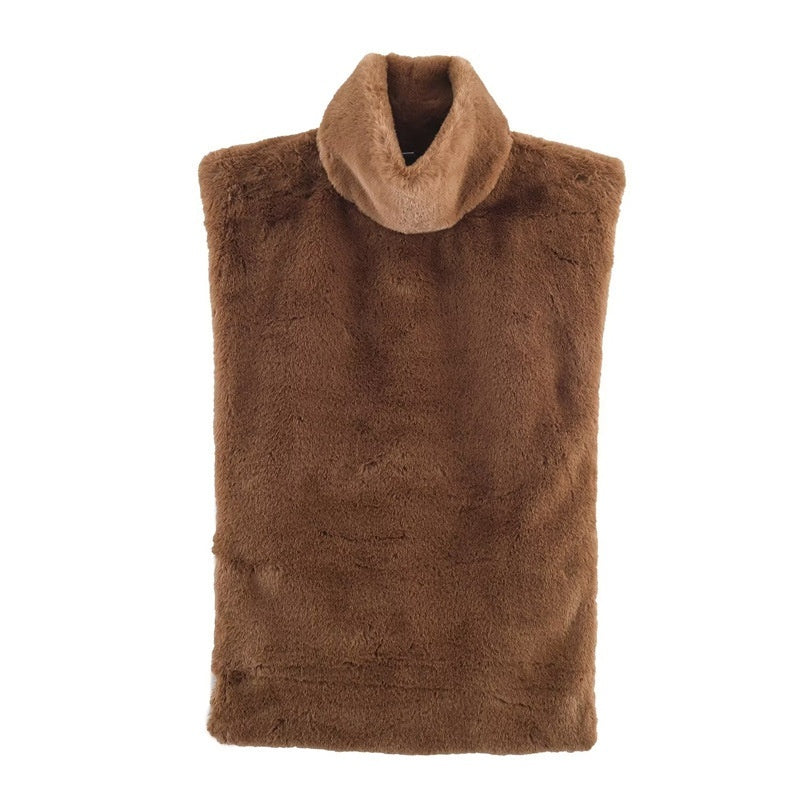 Casual Versatile Solid Color Half-turtle Neck Furry Sleeveless Top Women