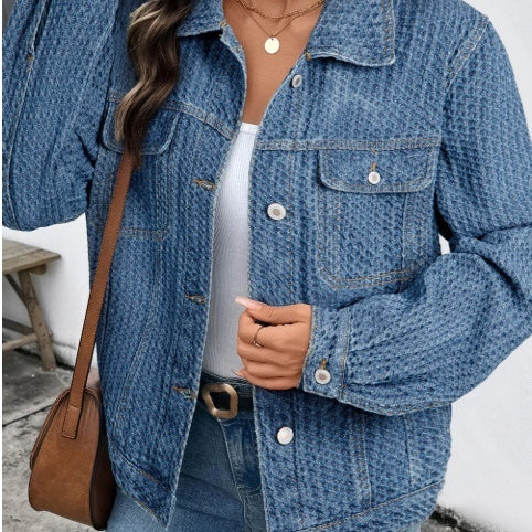 Blue Double Flap Pocket Denim Textured Button Down Jacket