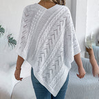 Women's Solid Color V-Neck Cape Sweater Batwing Sleeve Open-Knit Cardigan With Asymmetrical Hem