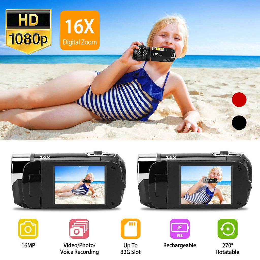Black-Red Options - 1Pc HD 1080P Digital Video Camcorder 2.7in 16X Zoom DV Camera 270 Degree Rotation Rechargeable Kid Camera With Fill Light Selfie