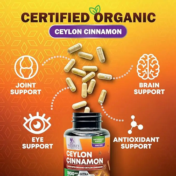 Organic Ceylon Cinnamon Supplement 1800mg – Energy, Heart & Antioxidant Support, 240 Capsules, Gluten-Free & Non-GMO AJ PRIME