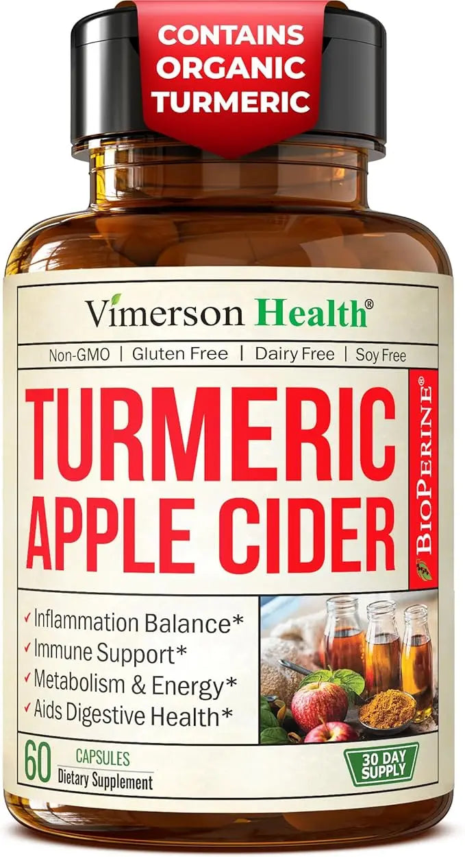 Organic Apple Cider Vinegar & Turmeric Curcumin Capsules – Digestive, Metabolism & Joint Support, 60 Vegan Non-GMO AJ PRIME
