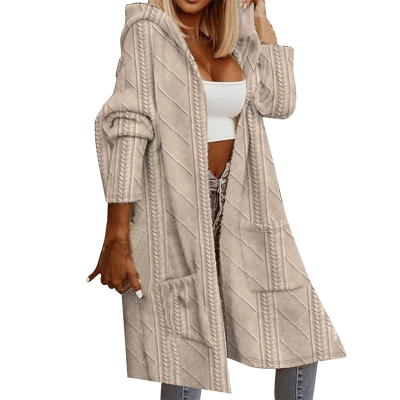 Women's Textured Hooded Longline Jacket, Solid Color Casual Oversized Top With Pockets For Fall & Winter