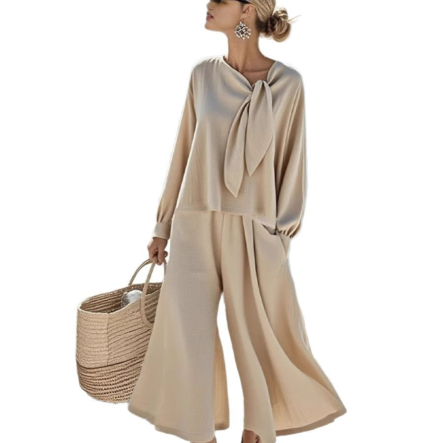 Women's Casual Solid Color Long Sleeve Top And Pants Two-Piece Set