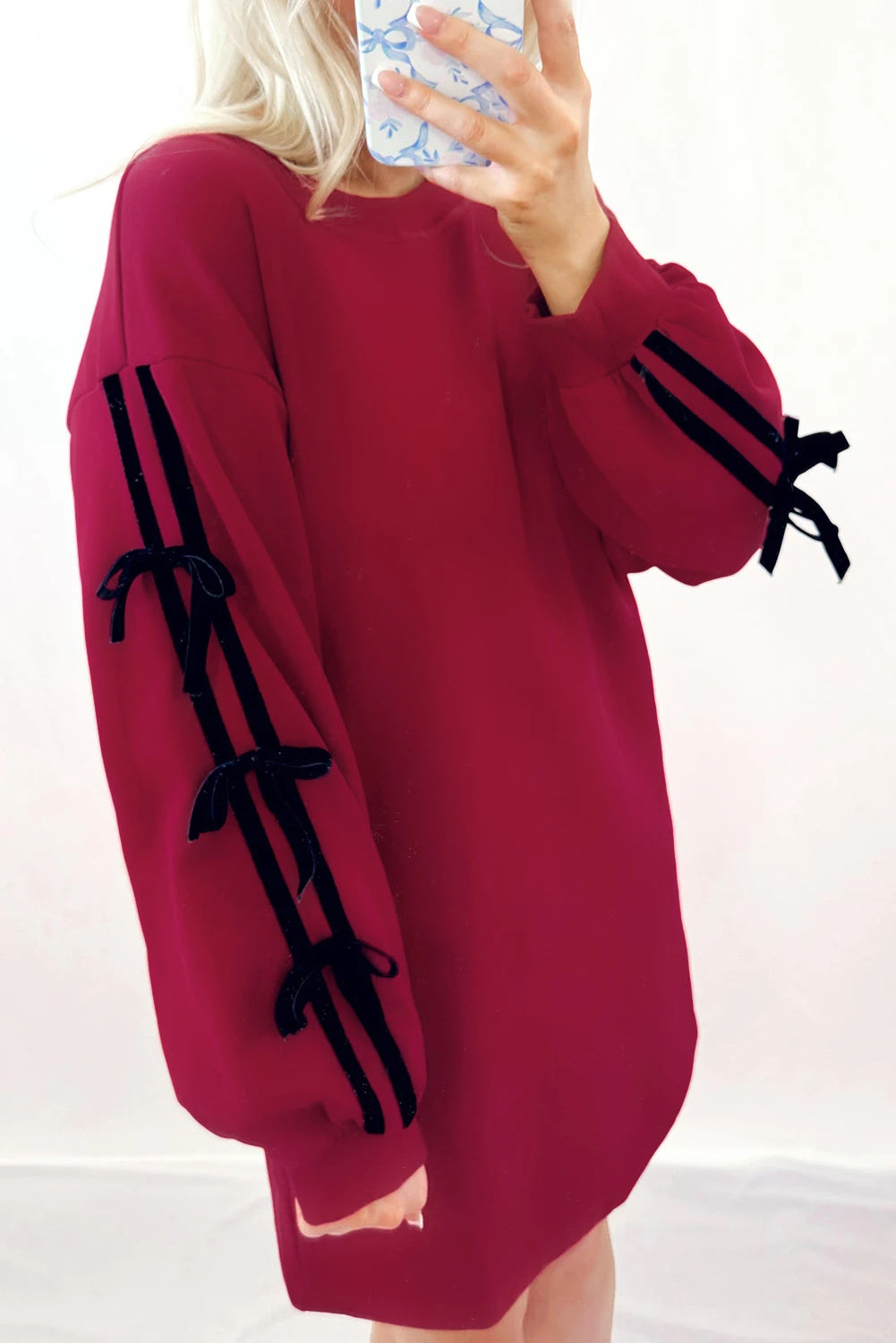 Racing Red Contrast Color Striped Bow Decoration Drop Shoulder Sweater