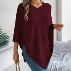 Women's Solid Color V-Neck Cape Sweater Batwing Sleeve Open-Knit Cardigan With Asymmetrical Hem