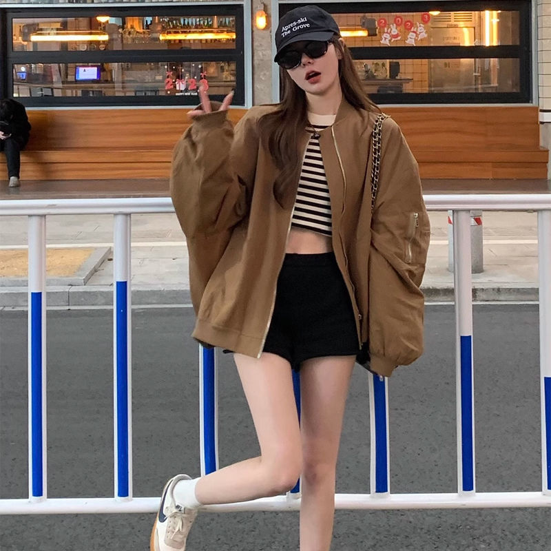 Retro Jacket Top Pilot Coffee Color Stand Collar