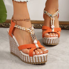 Summer New Wedge Women's Shoes Color Matching Fabric Woven Open Toe