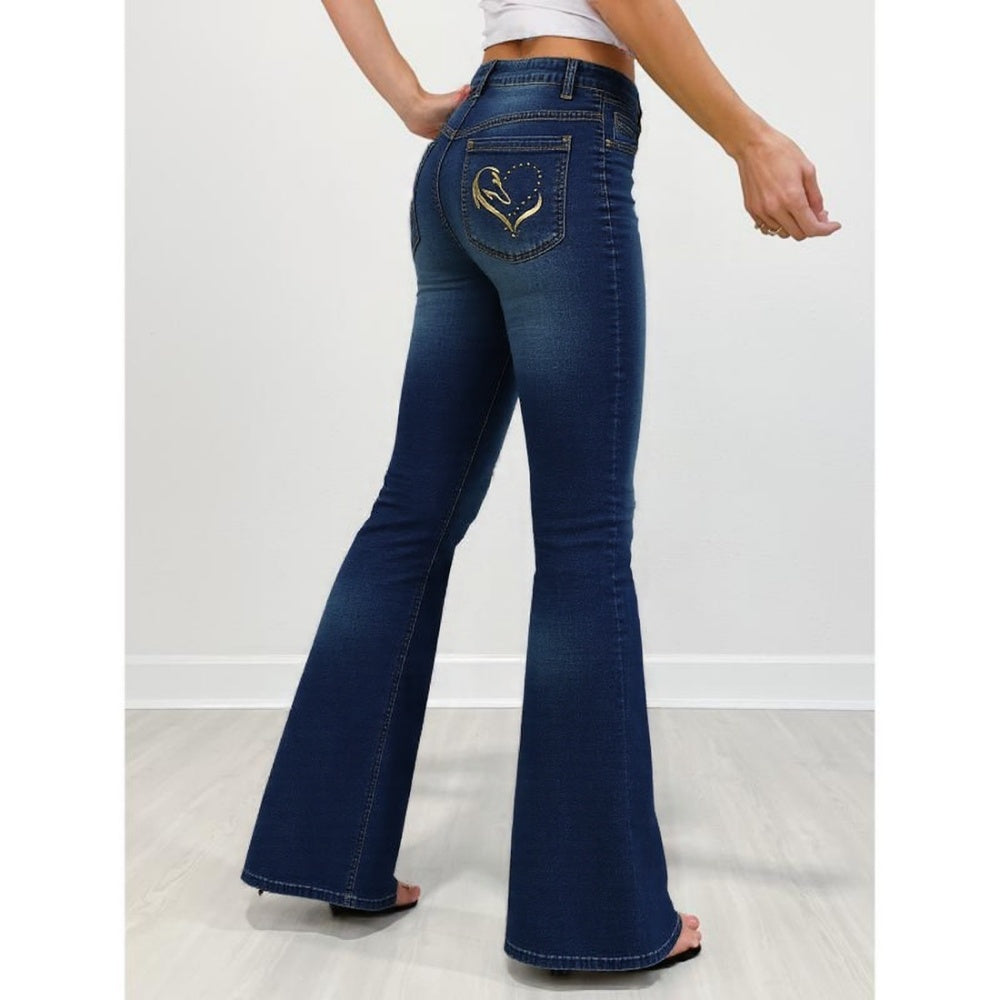 Gold Embroidered Horse Flare Jeans High-Waisted Dark Wash, Retro Western Cowgirl Chic, Festival Ready Must-Have Denim Pants