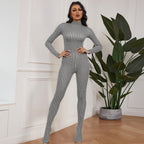 European And American Style Fashion Printed High-neck Long-sleeve Sexy High-waist Slim Jumpsuit