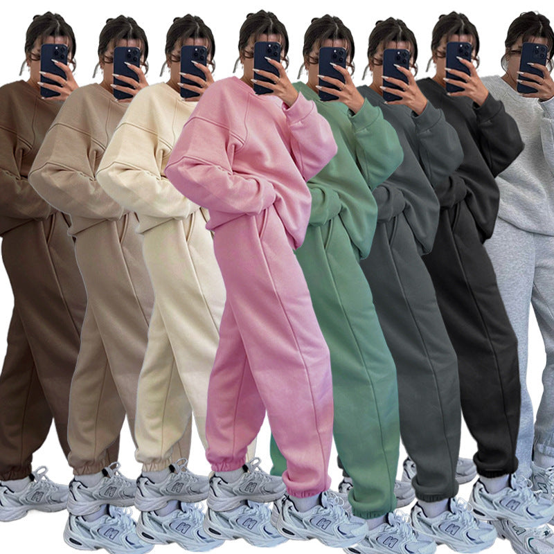 Solid Color Round Neck Long Sleeve Sweatshirt Women's Fashion Casual Loose Pants Suit