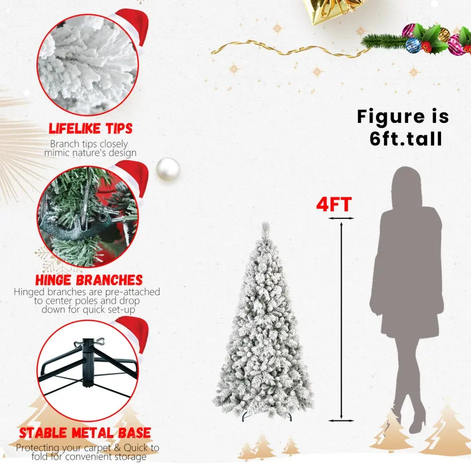 4-foot Flocked Christmas Tree With 150 Warm White LED Lights 350 Tips, With Snowy PVC And Firm Needle Branches, Hinged Design For Easy Setup, Sturdy Metal Base Full And Realistic Holiday Tree - The Premium